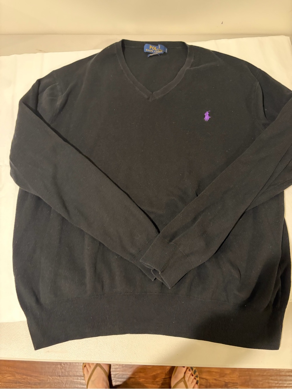 Polo by Ralph Lauren Black V‑Neck Sweater with Purple Polo Logo